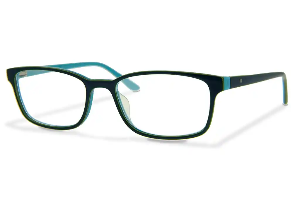 Nahaufnahme einer schwarz-blauen Brille