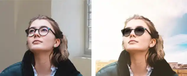 Frau im direkten Vergleich einmal mit Brille und einmal mit Sonnenbrille dargestellt